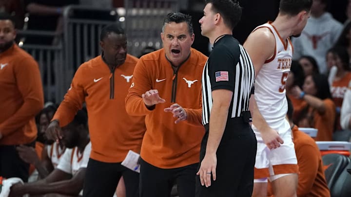 Nov 12, 2025; Austin, Texas, USA; Texas Longhorns head coach Sean Miller talks to the referee during the first half against Fairleigh Dickinson at Moody Center. Mandatory Credit: Dustin Safranek-Imagn Images