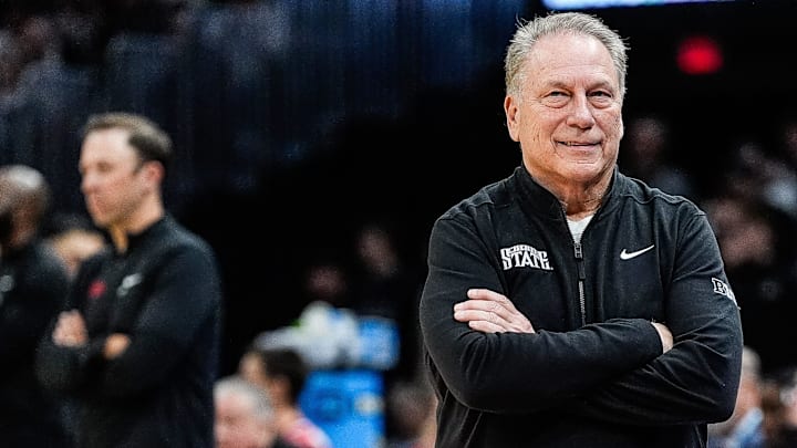 Michigan State head coach Tom Izzo smiles after a play against New Mexico during the second half of the Second Round of NCAA tournament at Rocket Arena in Cleveland, Ohio on Sunday, March 23, 2025. Michigan State head coach Tom Izzo smiles after a play against New Mexico during the second half of the Second Round of NCAA tournament at Rocket Arena in Cleveland, Ohio on Sunday, March 23, 2025.