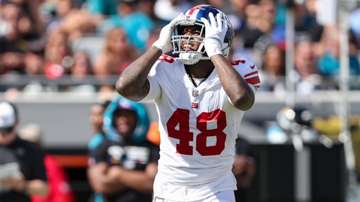 Oct 23, 2022; Jacksonville, Florida, USA;  New York Giants linebacker Tae Crowder (48) reacts after a play against the Jacksonville Jaguars in the second quarter at TIAA Bank Field. Mandatory Credit: Nathan Ray Seebeck-Imagn Images