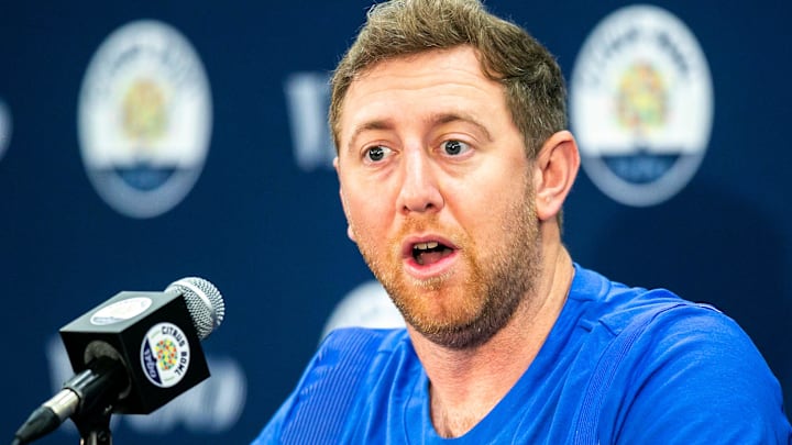 Kentucky offensive coordinator Liam Coen speaks during a news conference for the Vrbo Citrus Bowl, Wednesday, Dec. 29, 2021, at the Rosen Plaza Hotel in Orlando, Fla.