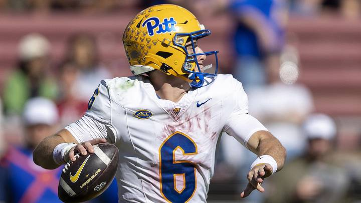 Nov 1, 2025; Stanford, California, USA; Pittsburgh Panthers quarterback Mason Heintschel (6) passes against the Stanford Cardinal during the second quarter at Stanford Stadium. Mandatory Credit: John Hefti-Imagn Images Nov 1, 2025; Stanford, California, USA; Pittsburgh Panthers quarterback Mason Heintschel (6) passes against the Stanford Cardinal during the second quarter at Stanford Stadium. Mandatory Credit: John Hefti-Imagn Images