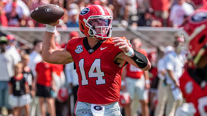 Sep 5, 2026; Athens, Georgia, USA; Georgia Bulldogs quarterback Gunner Stockton (14) passes the ball against the Tennessee State Tigers at Sanford Stadium. Mandatory Credit: Dale Zanine-Imagn Images