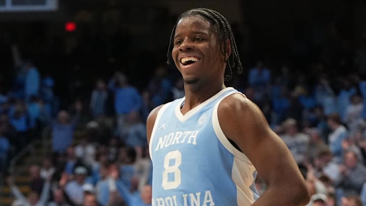 Dec 30, 2025; Chapel Hill, North Carolina, USA; North Carolina Tar Heels forward Caleb Wilson (8) reacts after scoring in the second half at Dean E. Smith Center. Mandatory Credit: Bob Donnan-Imagn Images