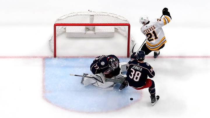 Apr 12, 2026; Columbus, Ohio, USA; Columbus Blue Jackets goalie Jet Greaves (73) makes a save on the shot from Boston Bruins center Alex Steeves (21) during the second period at Nationwide Arena. Mandatory Credit: Russell LaBounty-Imagn Images
