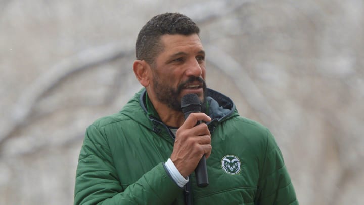 Colorado State football coach Jay Norvell speaks before the Grit run on Saturday, April 20, 2024. The run is a charity race to raise money for cystic fibrosis research.
