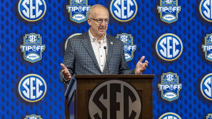 Oct 16, 2024; Birmingham, AL, USA; SEC commissioner Greg Sankey talks with the media during SEC Media Days at Grand Bohemian Hotel. Mandatory Credit: Vasha Hunt-Imagn Images