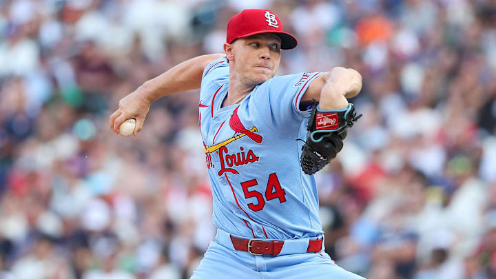 Aug 24, 2024; Minneapolis, Minnesota, USA; St. Louis Cardinals starting pitcher Sonny Gray (54) delivers a pitch against the Minnesota Twins during the first inning at Target Field. Mandatory Credit: Matt Krohn-Imagn Images