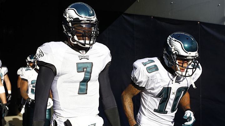 Nov 28, 2010; Chicago, IL, USA; Philadelphia Eagles quarterback Michael Vick (7) and wide receiver DeSean Jackson (10)during pre-game ups against the Chicago Bears at Soldier Field. Mandatory Credit: Mike DiNovo-Imagn Images Nov 28, 2010; Chicago, IL, USA; Philadelphia Eagles quarterback Michael Vick (7) and wide receiver DeSean Jackson (10)during pre-game ups against the Chicago Bears at Soldier Field. Mandatory Credit: Mike DiNovo-Imagn Images
