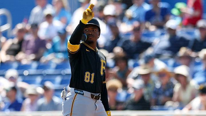 Mar 6, 2026; Dunedin, Florida, USA; Pittsburgh Pirates second baseman Termarr Johnson (81) reacts after hitting an rbi single against the Toronto Blue Jays in the second inning during spring training at TD Ballpark. Mandatory Credit: Nathan Ray Seebeck-Imagn Images Mar 6, 2026; Dunedin, Florida, USA; Pittsburgh Pirates second baseman Termarr Johnson (81) reacts after hitting an rbi single against the Toronto Blue Jays in the second inning during spring training at TD Ballpark. Mandatory Credit: Nathan Ray Seebeck-Imagn Images