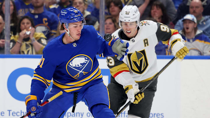 Mar 3, 2026; Buffalo, New York, USA; Buffalo Sabres right wing Josh Doan (91) looks to glove down the puck during the second period against the Vegas Golden Knights at KeyBank Center. Mandatory Credit: Timothy T. Ludwig-Imagn Images Mar 3, 2026; Buffalo, New York, USA; Buffalo Sabres right wing Josh Doan (91) looks to glove down the puck during the second period against the Vegas Golden Knights at KeyBank Center. Mandatory Credit: Timothy T. Ludwig-Imagn Images