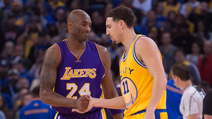 November 24, 2015; Oakland, CA, USA; Los Angeles Lakers forward Kobe Bryant (24) shakes hands with Golden State Warriors guard Klay Thompson (11) before the game at Oracle Arena. The Warriors defeated the Lakers 111-77. Mandatory Credit: Kyle Terada-USA TODAY Sports November 24, 2015; Oakland, CA, USA; Los Angeles Lakers forward Kobe Bryant (24) shakes hands with Golden State Warriors guard Klay Thompson (11) before the game at Oracle Arena. The Warriors defeated the Lakers 111-77. Mandatory Credit: Kyle Terada-USA TODAY Sports