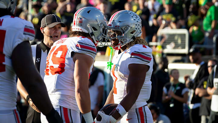 Ohio State Buckeyes running back Quinshon Judkins celebrates a touchdown with Ohio State Buckeyes tight end Patrick Gurd as the No. 3 Oregon Ducks host the No. 2 Ohio State Buckeyes Saturday, Oct. 12, 2024 at Autzen Stadium in Eugene, Ore.