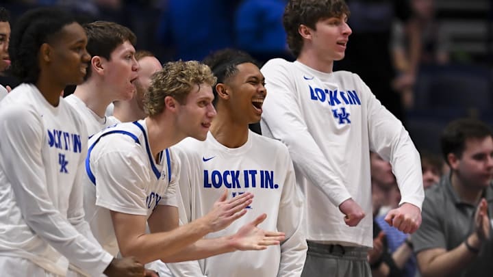 Mar 11, 2026; Nashville, TN, USA;  Kentucky Wildcats bench reacts against the Louisiana State Tigers during the second half at Bridgestone Arena. Mandatory Credit: Steve Roberts-Imagn Images