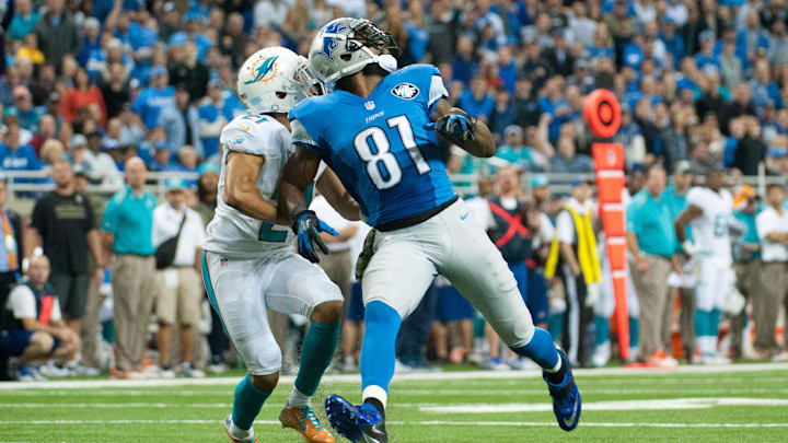 Detroit Lions wide receiver Calvin Johnson (81) makes a touchdown catch while being pressured by Miami Dolphins cornerback Brent Grimes (21) during the first quarter at Ford Field in 2014.