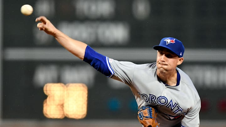 Jul 17, 2019; Boston, MA, USA; Toronto Blue Jays starting pitcher Aaron Sanchez (41) pitches against the Boston Red Sox during the first inning at Fenway Park. Mandatory Credit: Brian Fluharty-Imagn Images