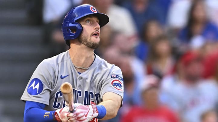 Aug 23, 2025; Anaheim, California, USA; Chicago Cubs outfielder Kyle Tucker (30) hits a two-run home run against the Los Angeles Angels during the third inning at Angel Stadium