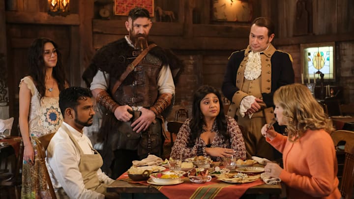 “It’s the End of the World as We Know It and What Were We Talking About?” – Flower interferes with the opening of Jay’s restaurant based on a prophecy from her old cult leader, on the CBS Original series GHOSTS, Thursday, Feb. 13 (8:31-9:01 PM, ET/PT) on the CBS Television Network, and streaming on Paramount+ (live and on demand for Paramount+ with SHOWTIME subscribers, or on demand for Paramount+ Essential subscribers the day after the episode airs)*. Pictured (L-R): Sheila Carrasco as Flower,