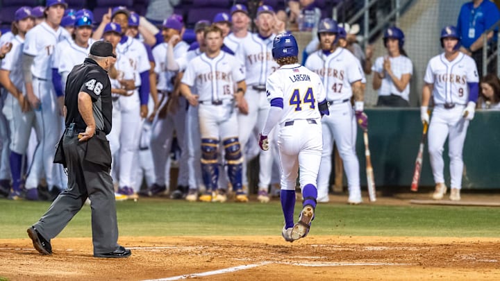 Ashton Larson 44 hits a home run as the LSU Tigers take on the Vanderbilt Commodores at Alex Box Stadium in Baton Rouge LA. Friday, April 5, 2024.