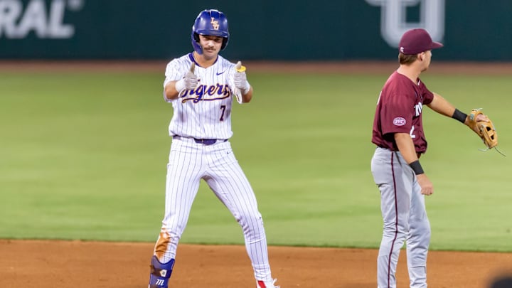 Jake Brown 7 hits a double as The LSU Tigers take on Little Rock Trojans in game 1 of the 2025 NCAA Div 1 Regional Baseball Championship at Alex Box Stadium in Baton Rouge, LA. Friday, May 30, 2025.
