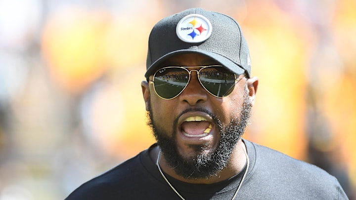 Sep 19, 2021; Pittsburgh, Pennsylvania, USA;  Pittsburgh Steelers head coach Mike Tomlin before they play the Las Vegas Raiders at Heinz Field. Mandatory Credit: Philip G. Pavely-Imagn Images