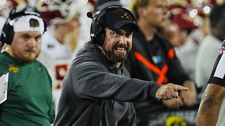 Iowa State football coach Jimmy Rogers reacts to an official's call during the third quarter of the Cy-Hawk Series football game against Iowa at Kinnick Stadium on Sept. 12, 2026, in Iowa City, Iowa.