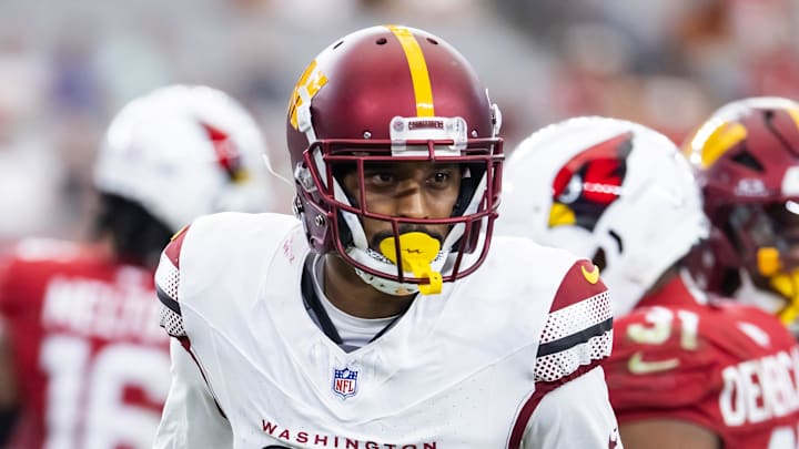 Sep 29, 2024; Glendale, Arizona, USA; Washington Commanders cornerback Michael Davis (24) against the Arizona Cardinals at State Farm Stadium. Mandatory Credit: Mark J. Rebilas-Imagn Images