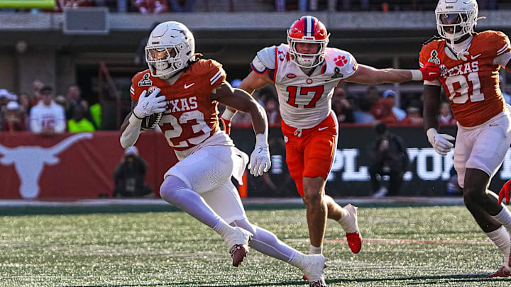 Texas Longhorns running back Jaydon Blue (23) runs the ball during the game against Clemson in the first round of the College Football Playoffs at Darrell K Royal-Texas Memorial Stadium on Saturday, Dec. 21, 2024. Texas Longhorns running back Jaydon Blue (23) runs the ball during the game against Clemson in the first round of the College Football Playoffs at Darrell K Royal-Texas Memorial Stadium on Saturday, Dec. 21, 2024.