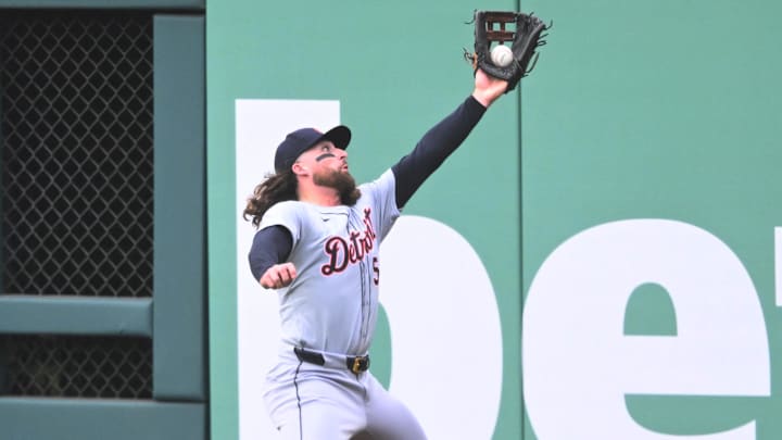 May 7, 2024; Cleveland, Ohio, USA; Detroit Tigers right fielder Ryan Vilade (50) makes a catch near the wall in the first inning against the Cleveland Guardians at Progressive Field. Mandatory Credit: David Richard-Imagn Images