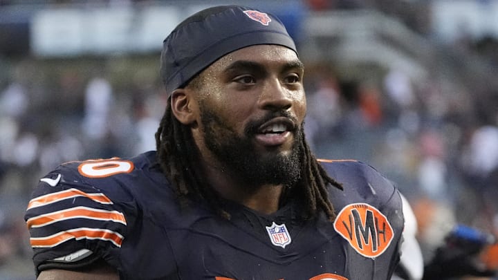 Sep 21, 2025; Chicago, Illinois, USA; Chicago Bears offensive tackle Braxton Jones (70) after the game against the Dallas Cowboys at Soldier Field. Mandatory Credit: David Banks-Imagn Images