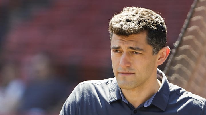 Aug 28, 2022; Boston, Massachusetts, USA; Chaim Bloom, Chief Baseball Officer of the Boston Red Sox on the field before the game between the Boston Red Sox and the Tampa Bay Rays at Fenway Park. Mandatory Credit: Winslow Townson-Imagn Images