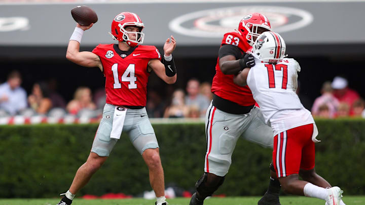 Sep 6, 2025; Athens, Georgia, USA; Georgia Bulldogs quarterback Gunner Stockton (14) throws a pass against the Austin Peay Governors in the first quarter at Sanford Stadium. Mandatory Credit: Brett Davis-Imagn Images