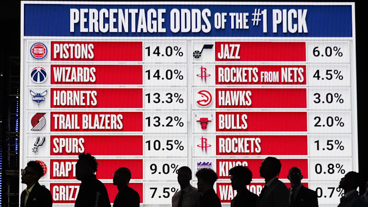 May 12, 2024; Chicago, IL, USA; Representatives of the 14 NBA teams wait to go on stage
