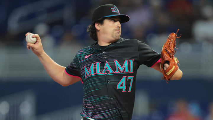 Jul 5, 2025; Miami, Florida, USA; Miami Marlins starting pitcher Cal Quantrill (47) delivers a pitch against the Milwaukee Brewers during the first inning at loanDepot Park. Mandatory Credit: Sam Navarro-Imagn Images Jul 5, 2025; Miami, Florida, USA; Miami Marlins starting pitcher Cal Quantrill (47) delivers a pitch against the Milwaukee Brewers during the first inning at loanDepot Park. Mandatory Credit: Sam Navarro-Imagn Images