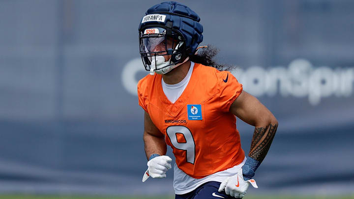 Jul 24, 2025; Englewood, CO, USA; Denver Broncos safety Talanoa Hufanga (9) during Denver Broncos Training Camp. Mandatory Credit: Isaiah J. Downing-Imagn Images