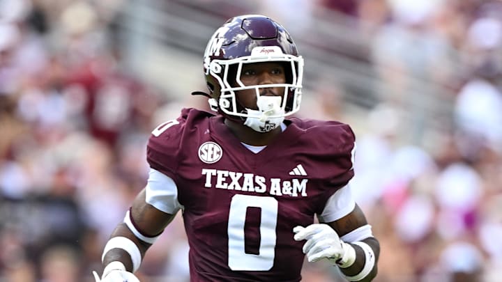 Oct 5, 2024; College Station, Texas, USA; Texas A&M Aggies linebacker Scooby Williams (0) defends in coverage in the fourth quarter against the Missouri Tigers at Kyle Field. Mandatory Credit: Maria Lysaker-Imagn Images. 