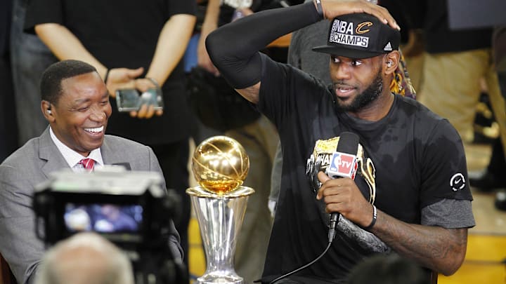 June 19, 2016; Oakland, CA, USA; Cleveland Cavaliers forward LeBron James (23) is interviewed by NBA TV analyst Isiah Thomas