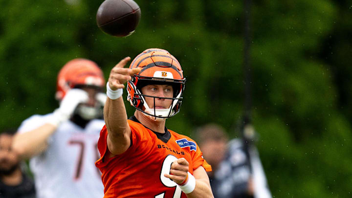Cincinnati Bengals quarterback Joe Burrow (9) throws a pass during the Cincinnati Bengals practice in Cincinnati on Tuesday, May 27, 2025.