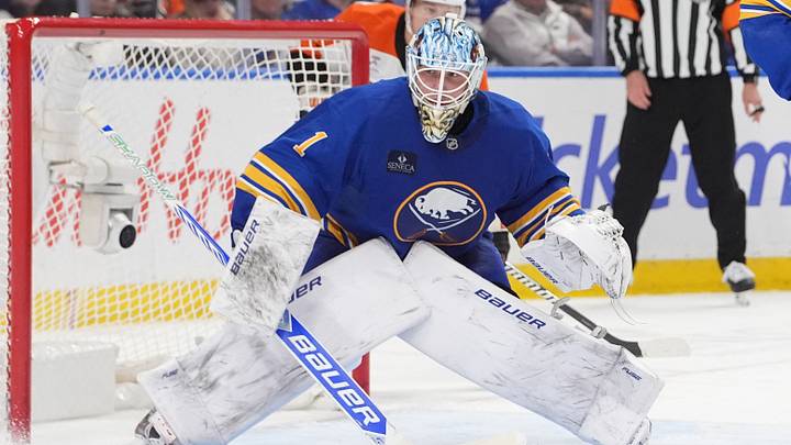 Buffalo Sabres goalie Ukko-Pekka Luukkonen (1) watches the puck against the Philadelphia Flyers during the third period at KeyBank Center. Mandatory Credit: Gregory Fisher-Imagn Images Buffalo Sabres goalie Ukko-Pekka Luukkonen (1) watches the puck against the Philadelphia Flyers during the third period at KeyBank Center. Mandatory Credit: Gregory Fisher-Imagn Images