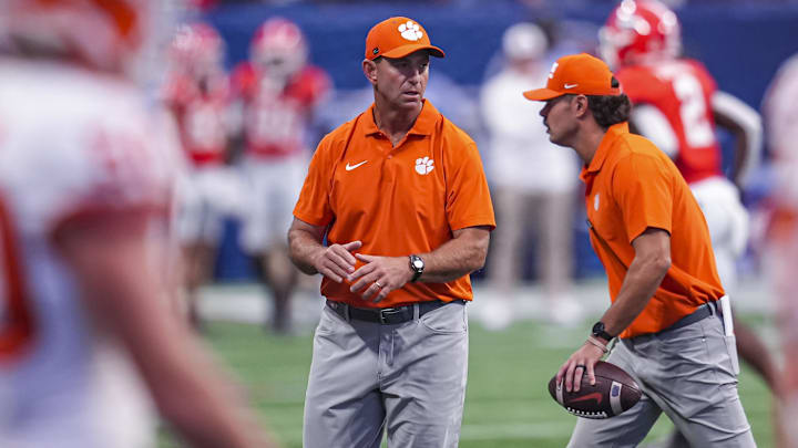 Aug 31, 2024; Atlanta, Georgia, USA; Clemson Tigers head coach Dabo Swinney shown on the field prior to the game against the Georgia Bulldogs at Mercedes-Benz Stadium.