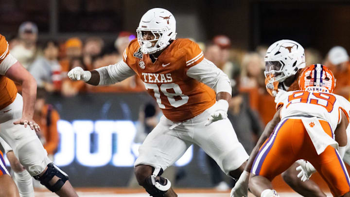 Dec 21, 2024; Austin, Texas, USA; Texas Longhorns offensive lineman Kelvin Banks Jr. (78) against the Clemson Tigers during the CFP National playoff first round at Darrell K Royal-Texas Memorial Stadium. Mandatory Credit: Mark J. Rebilas-Imagn Images Dec 21, 2024; Austin, Texas, USA; Texas Longhorns offensive lineman Kelvin Banks Jr. (78) against the Clemson Tigers during the CFP National playoff first round at Darrell K Royal-Texas Memorial Stadium. Mandatory Credit: Mark J. Rebilas-Imagn Images
