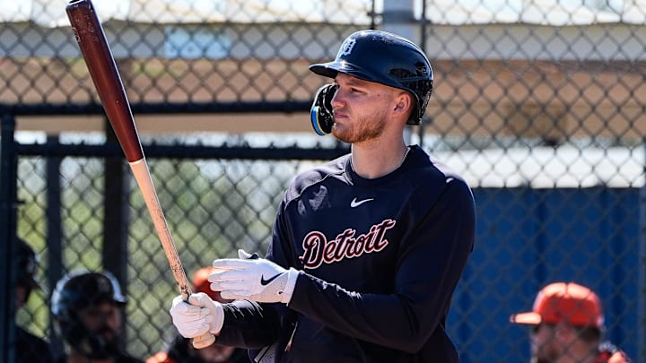 Detroit Tigers outfielder Parker Meadows bats during spring training at TigerTown in Lakeland, Fla., on Friday, Feb. 21, 2025.