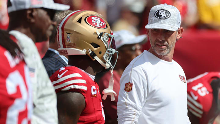 Nov 10, 2024; Tampa, Florida, USA; San Francisco 49ers head coach Kyle Shanahan and wide receiver Deebo Samuel Sr. (1) against the Tampa Bay Buccaneers prior to the game at Raymond James Stadium. Mandatory Credit: Kim Klement Neitzel-Imagn Images