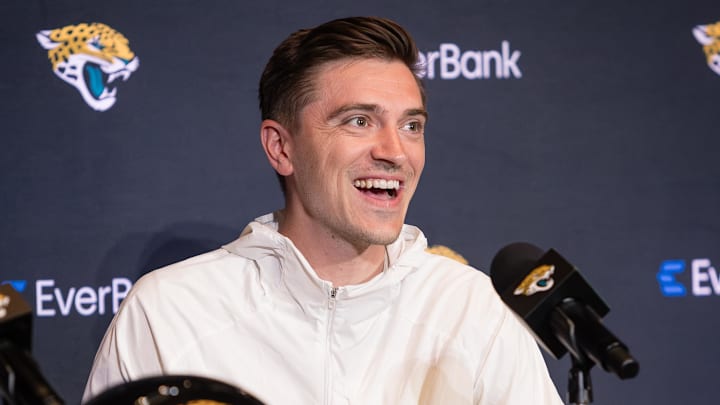 Apr 25, 2025; Jacksonville, FL, USA; Jacksonville Jaguars head general manager James Gladstone talks to the media during a press conference to introduce first round draft pick Travis Hunter (not pictured) at Miller Electric Center. Mandatory Credit: Travis Register-Imagn Images Apr 25, 2025; Jacksonville, FL, USA; Jacksonville Jaguars head general manager James Gladstone talks to the media during a press conference to introduce first round draft pick Travis Hunter (not pictured) at Miller Electric Center. Mandatory Credit: Travis Register-Imagn Images