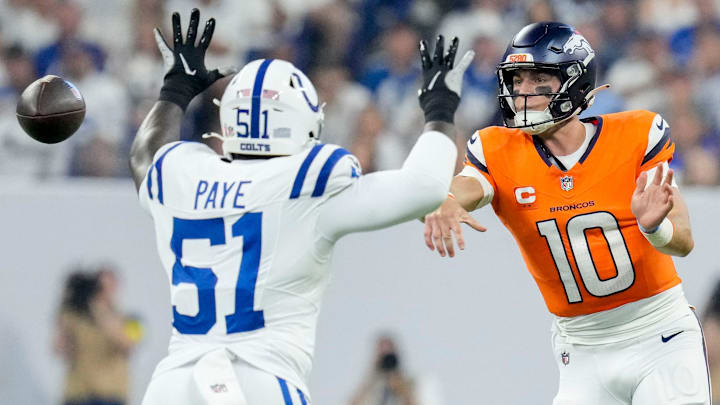 Indianapolis Colts defensive end Kwity Paye (51) puts pressure on Denver Broncos quarterback Bo Nix (10) on Sunday, Sept. 14, 2025, during a game against the Denver Broncos at Lucas Oil Stadium in Indianapolis. Indianapolis Colts defensive end Kwity Paye (51) puts pressure on Denver Broncos quarterback Bo Nix (10) on Sunday, Sept. 14, 2025, during a game against the Denver Broncos at Lucas Oil Stadium in Indianapolis.