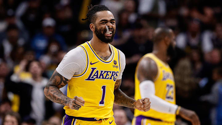 Apr 29, 2024; Denver, Colorado, USA; Los Angeles Lakers guard D'Angelo Russell (1) reacts after a play in the third quarter against the Denver Nuggets during game five of the first round for the 2024 NBA playoffs at Ball Arena. Mandatory Credit: Isaiah J. Downing-Imagn Images