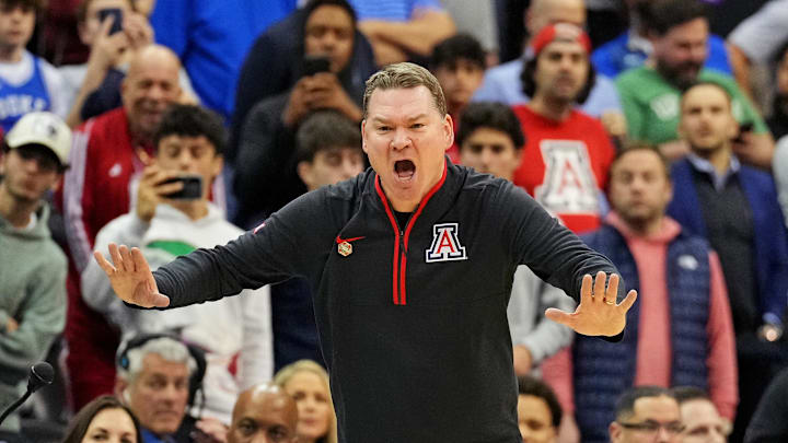Mar 27, 2025; Newark, NJ, USA; Arizona Wildcats head coach Tommy Lloyd during the second half against the Duke Blue Devils during an East Regional semifinal of the 2025 NCAA tournament at Prudential Center. Mandatory Credit: Robert Deutsch-Imagn Images