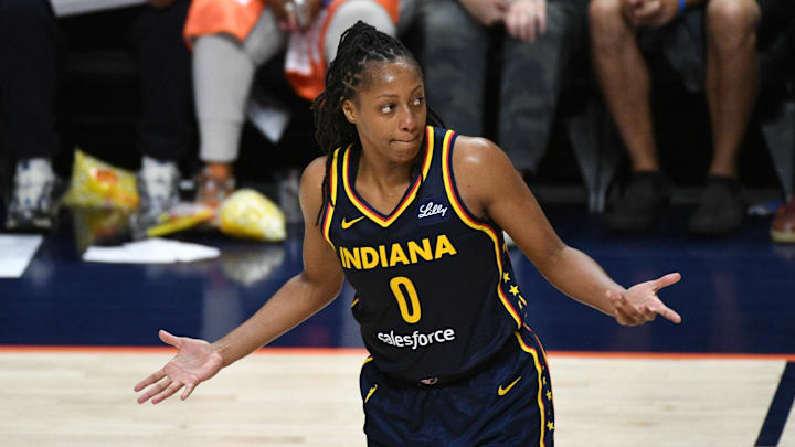 Indiana Fever guard Kelsey Mitchell (0) reacts during a September 22, 2024 game. Indiana Fever guard Kelsey Mitchell (0) reacts during a September 22, 2024 game.