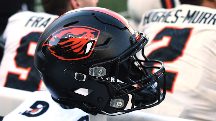 Oct 9, 2021; Pullman, Washington, USA; Oregon State Beavers helmet sits during a game against the Washington State Cougars in the first half at Gesa Field at Martin Stadium. Mandatory Credit: James Snook-Imagn Images