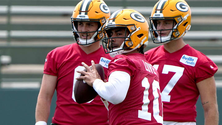 Jordan Love and fellow Green Bay Packers quarterbacks Sean Clifford and Michael Pratt at minicamp.