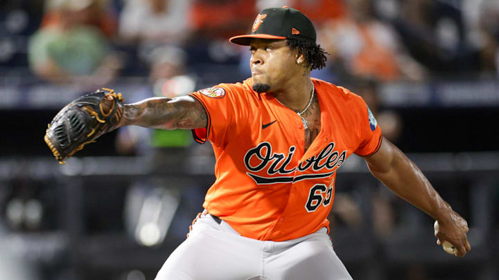 Jul 19, 2025; Tampa, Florida, USA; Baltimore Orioles pitcher Gregory Soto (65) throws a pitch against the Tampa Bay Rays in the eighth inning at George M. Steinbrenner Field Jul 19, 2025; Tampa, Florida, USA; Baltimore Orioles pitcher Gregory Soto (65) throws a pitch against the Tampa Bay Rays in the eighth inning at George M. Steinbrenner Field